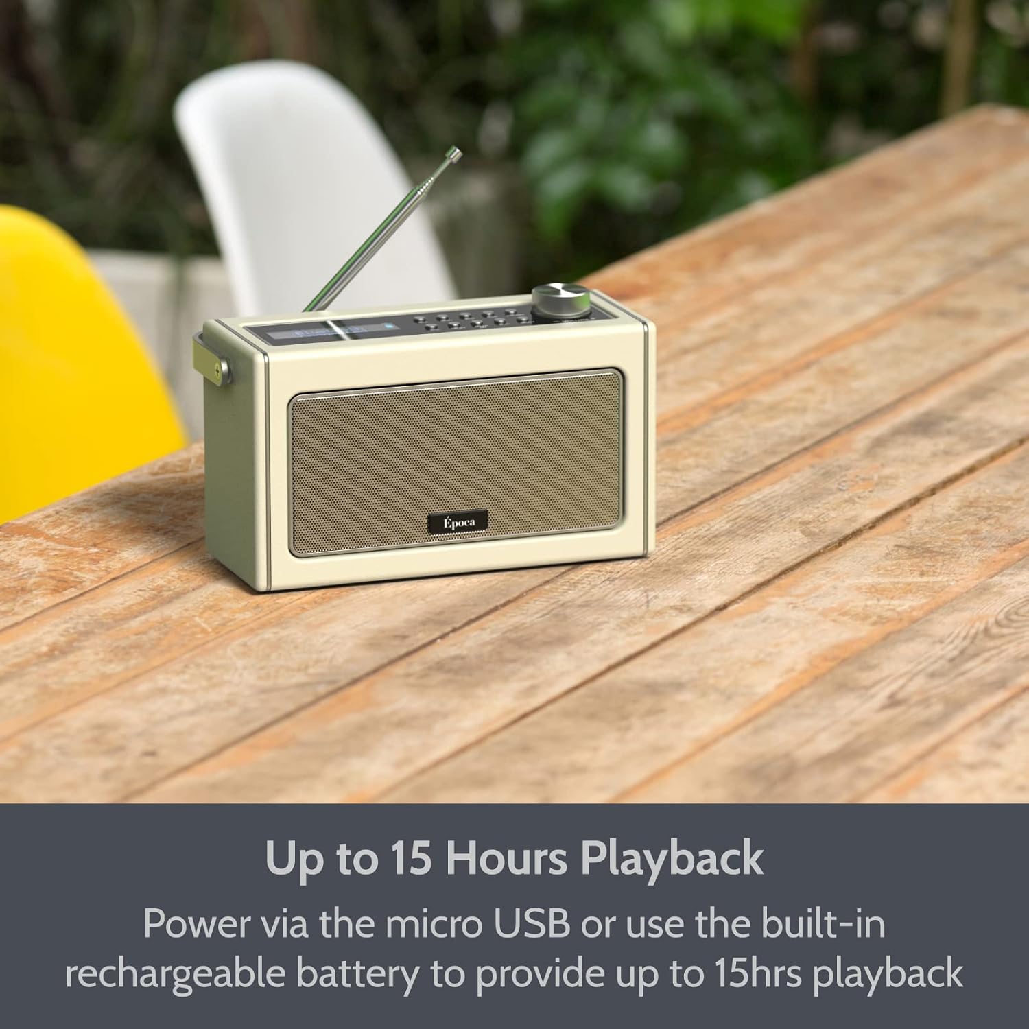 i-box Epoca radio placed on an outdoor table, demonstrating its portability and long battery life.