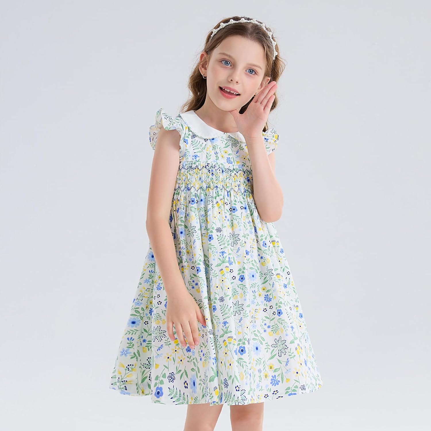 Girls Smocked Blue Dress Toddler Floral Summer Dress Vintage Dresses Kindergarten Graduation Dress - Image 4