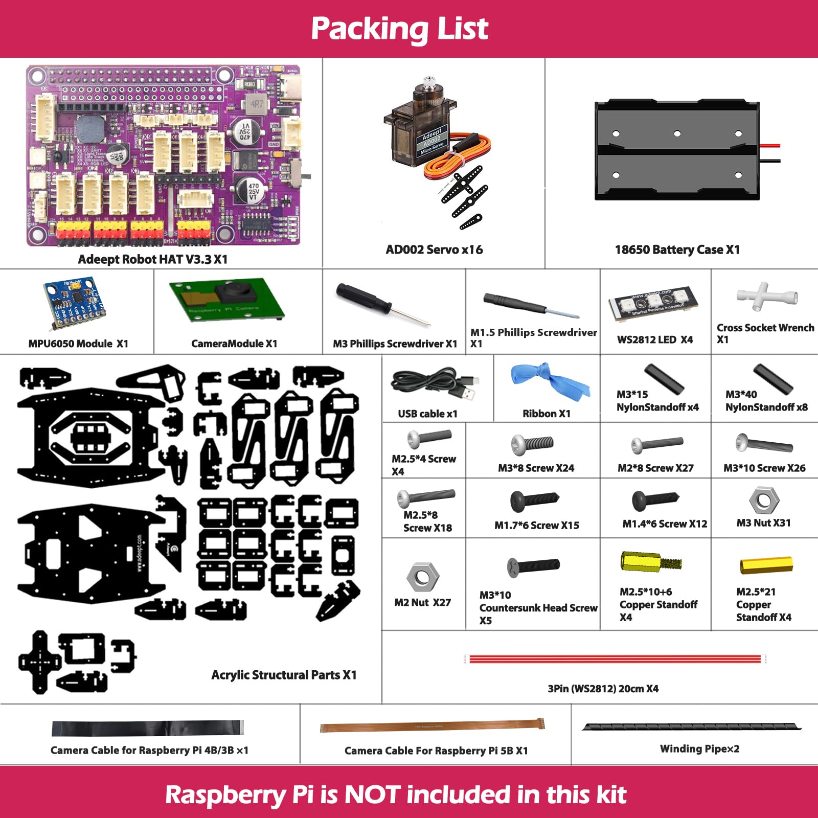 Adeept RaspClaws Hexapod Spider Robot Kit per Raspberry Pi 4/3 modello B+/B/2B, tracciamento target OpenCV, trasmissione video, robot strisciante STEAM
