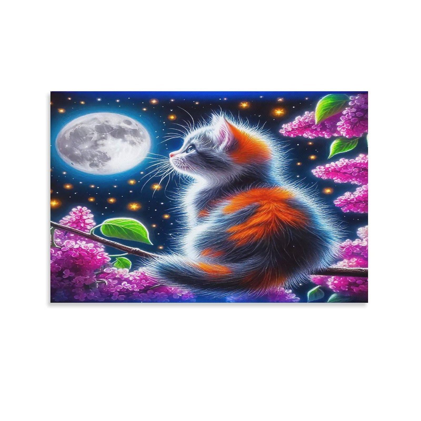 CPLVKWRQJ Siamese Cat Under Cherry Blossoms Single Calico Cat Gazing Full Moon on Blossom Branch Canvas Wall Art - Birthday Gift Office Canvas Print Fade Resistant Wall Decor 12x18inch(30x45cm)