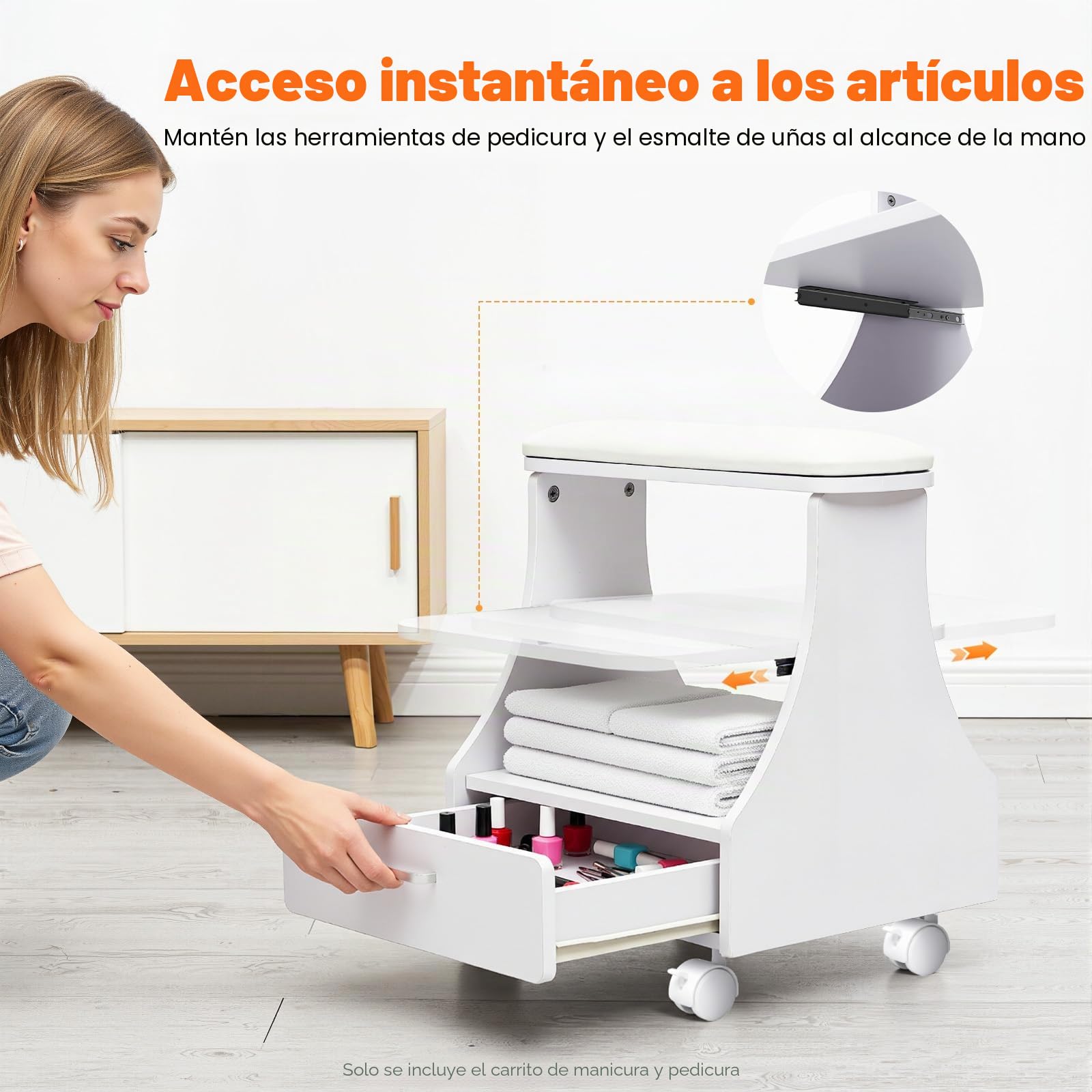 Reposapiés de pedicura con cajón, 3 niveles para el cuidado de las uñas, con 4 casters con frenos, reposapiés y pedicura hasta 50 kg, para salón de belleza, salón de uñas, baños de pies
