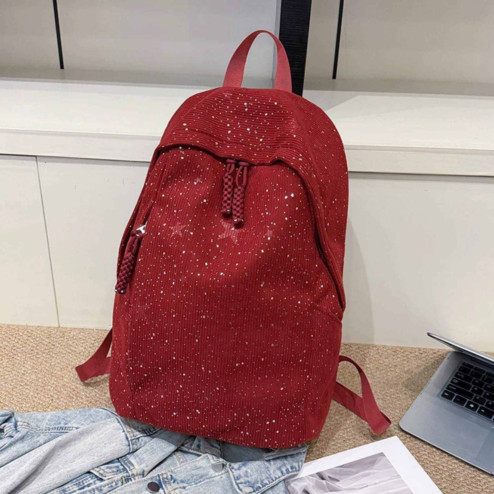 Zaino in Corduroy Macchiato Rosa, Borsa Scolastica Studentesca Casual di Grande capacità per Le Donne Viaggi Giornalieri-White