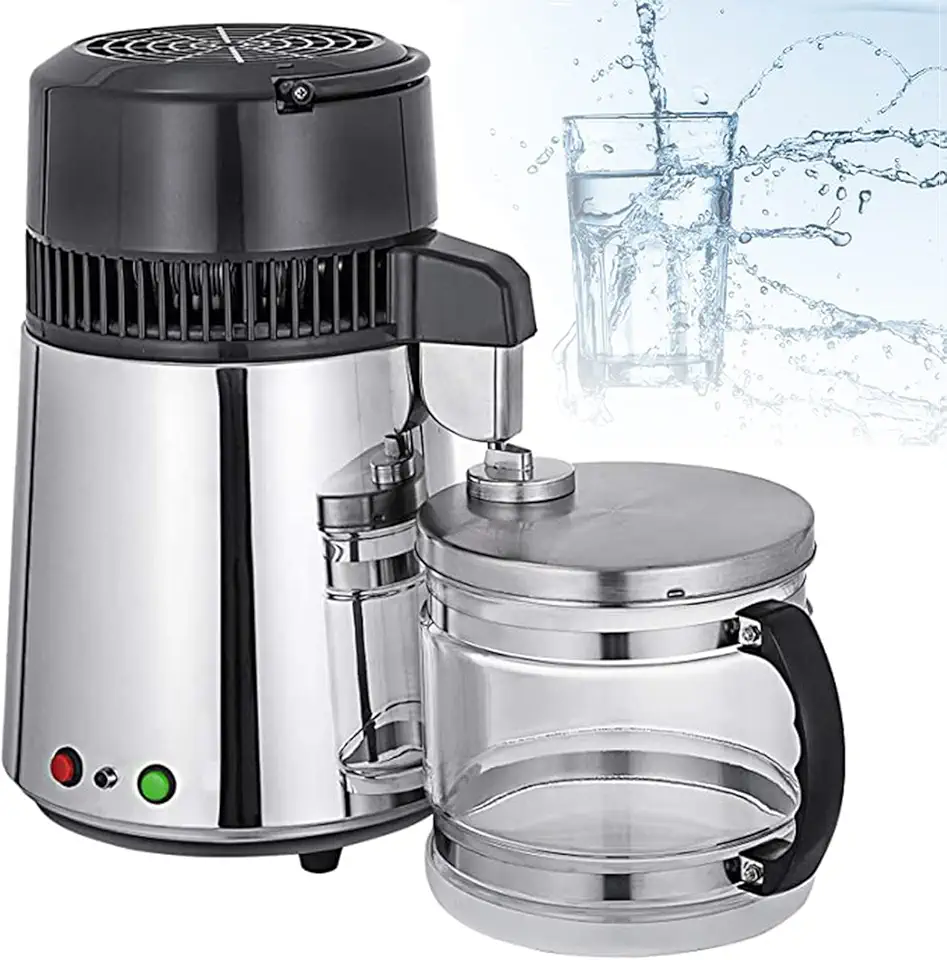 Destilador de água pura 4L, purificador interno de aço inoxidável 750W, destilador de água de bancada, destilador de água de aço inoxidável para fazer água limpa para casa, prata
