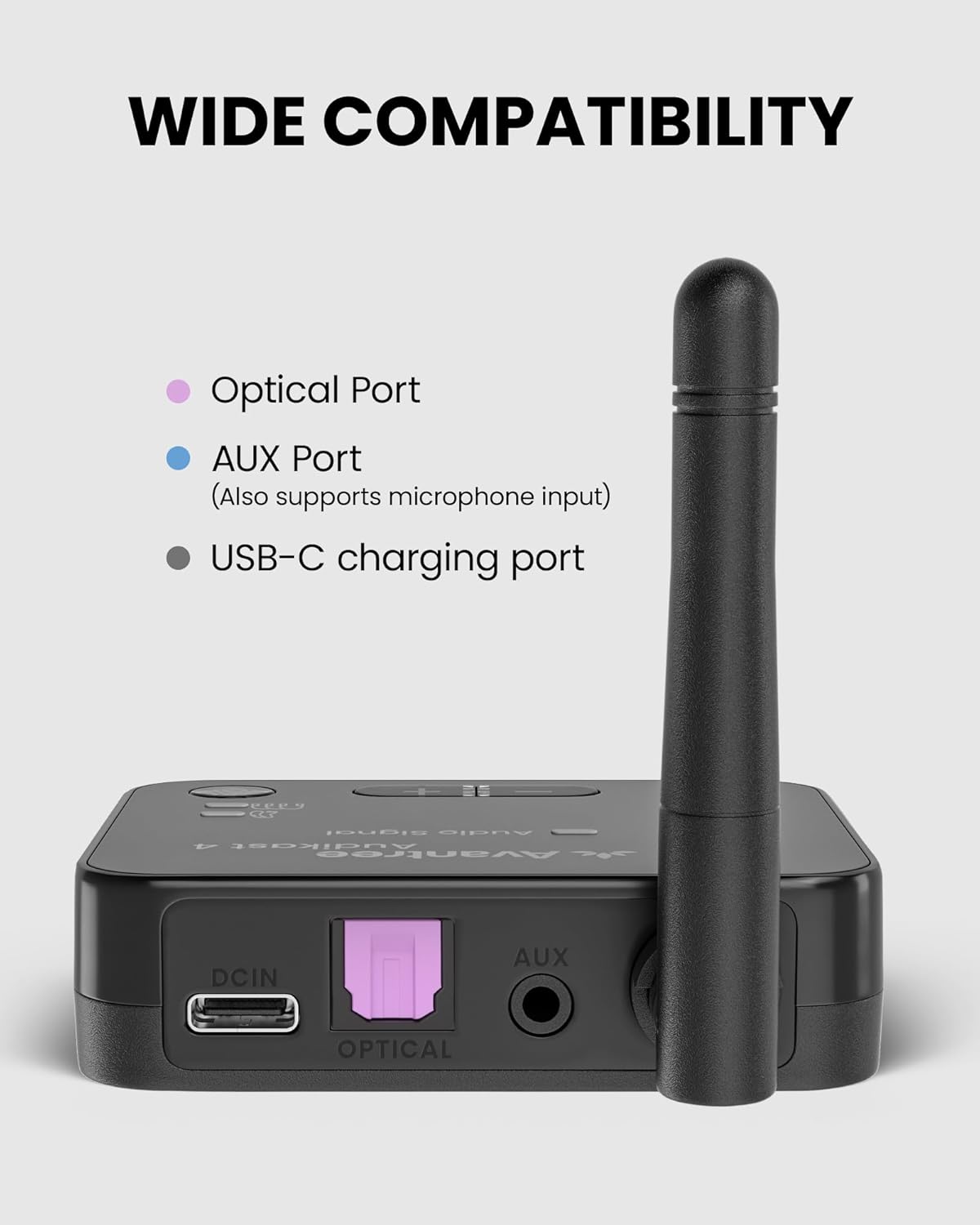 Rear view of Avantree Audikast 4 showing Optical, AUX, and USB-C ports
