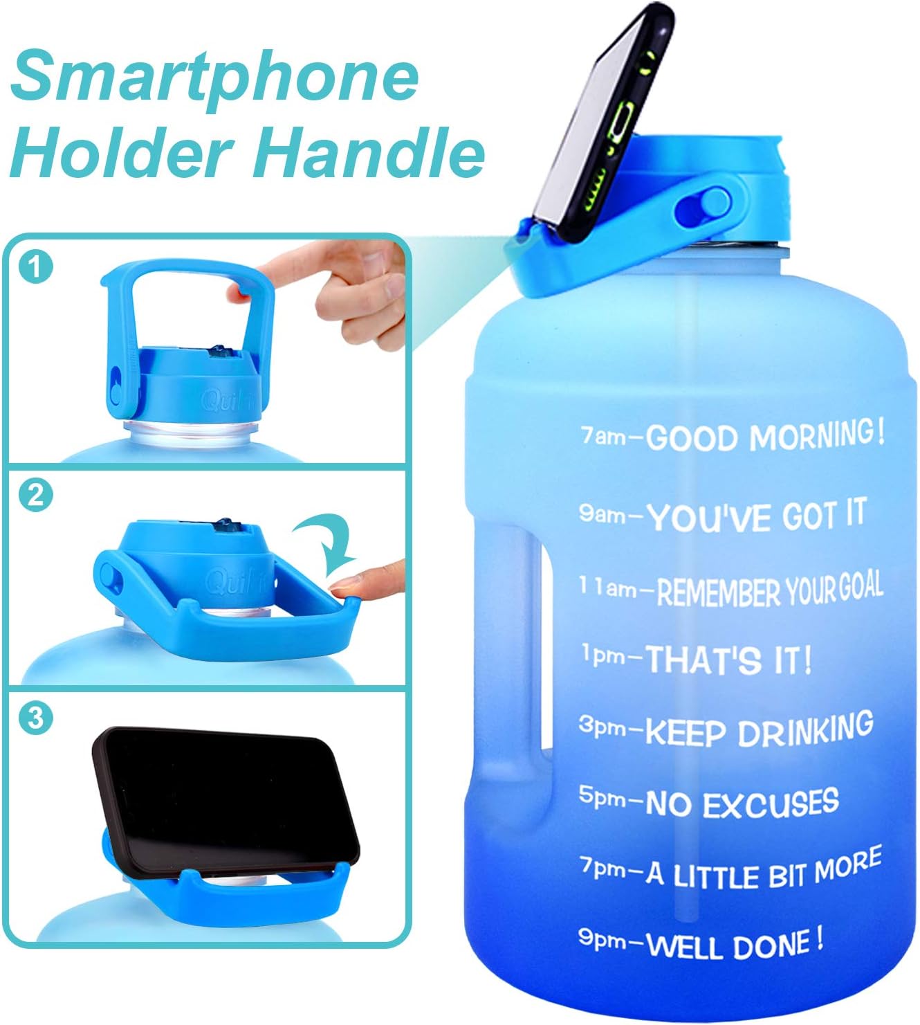 QuiFit 1 Gallon Water Bottle - with Straw & Motivational Time Marker Leak-Proof BPA Free Reusable Gym Sports Outdoor Large(128OZ/73OZ) Capacity Water Jug : Sports & Outdoors