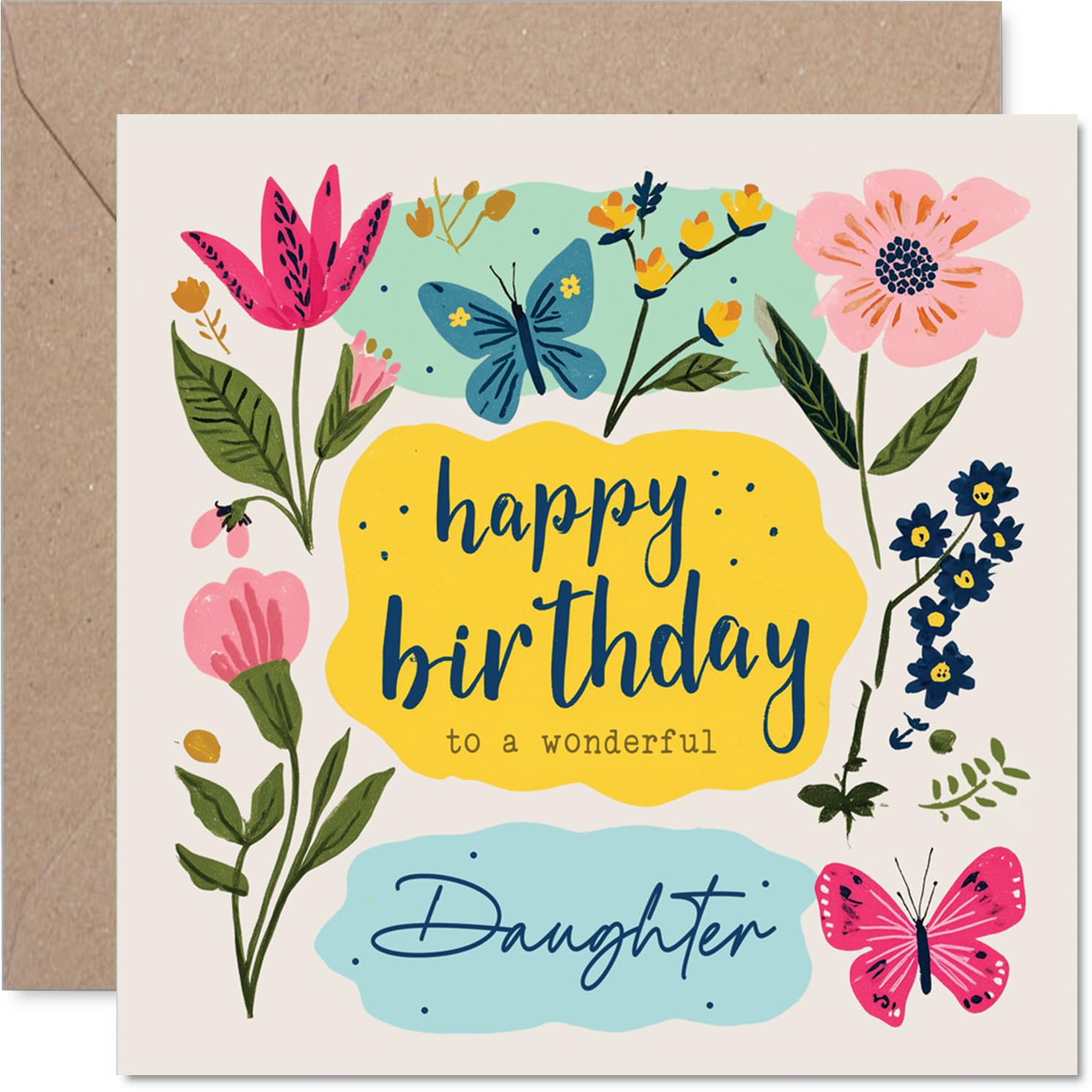 Heartfelt Birthday Card for Daughter - Bright Blooms and Butterflies - Cheerful Floral Design in Pinks and Blues - 145mm Square, Envelope Included