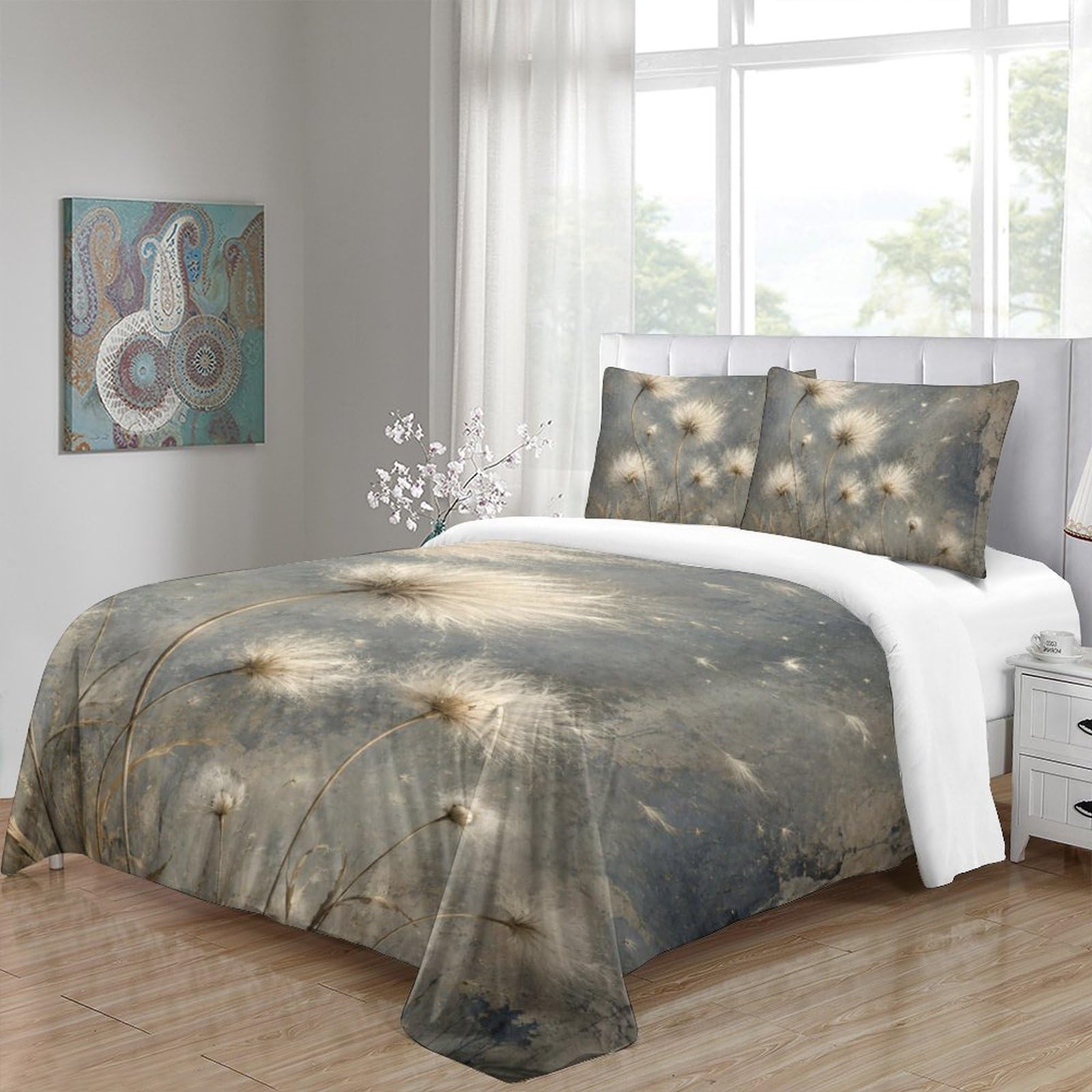 Semi tarassaco neutri Copripiumino Set 3 Pezzi 3D, Fiori da giardino | Botanico pastel Motivo, Pianta naturale Motivo, Biancheria da Letto, Letto, Set 3 Pezzi, Camera Ospiti, 200x200cm.