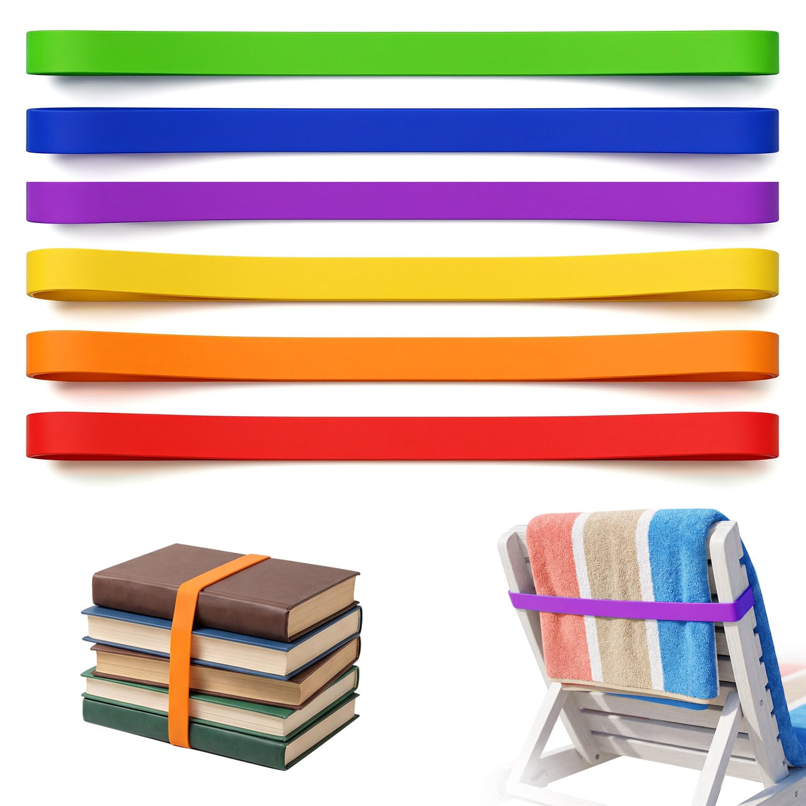 KIPTVO 6 Pcs Beach Towel Bands, for Sun Loungers & Cruise Chairs, Resilient Towel Straps, Great Alternative to Beach Towel Clips for Pool, Beach & Outdoor Use,Red, Yellow, Orange, Green, Blue, Purple