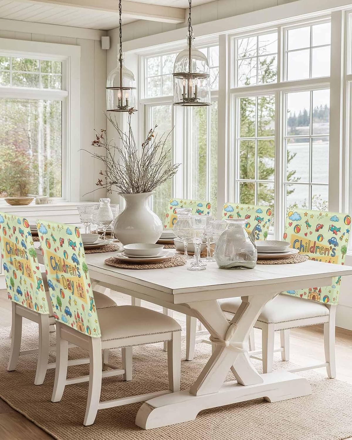 Chair Back Covers for Dining Room, Happy Children's Day Linen Polyester Back Chairs Protector, Cartoon Castle Childhood Innocence 4 Pcs Chair Covers for Dining Chairs Decor, 20 x 19 Inches
