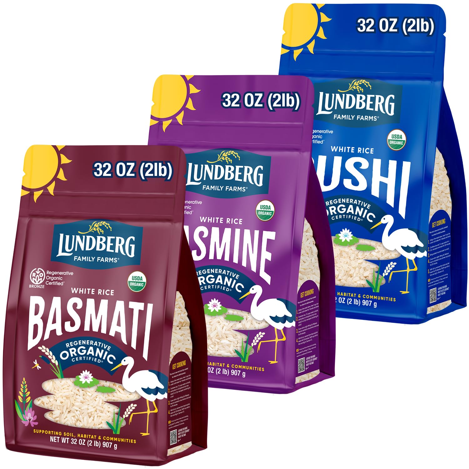 Lundberg Rice Variety 3-Pack – White Basmati, Jasmine, and California Sushi Grains, Regenerative Organic Certified, 32 Oz Ea