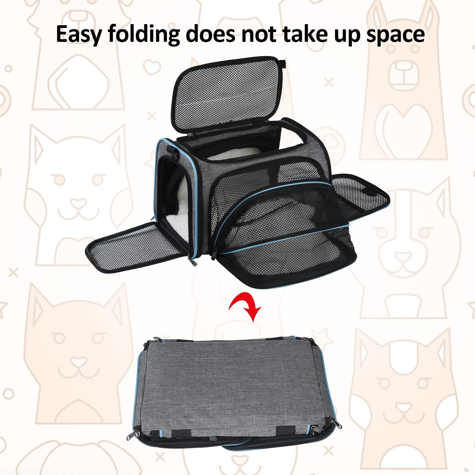 Transportín Gato Perro Extensible，Bolsa de Transporte para Mascotas Plegable Transpirable，con Colchón Suave y Hebilla de Seguridad para Coche Avión Viaje Tren-Gris