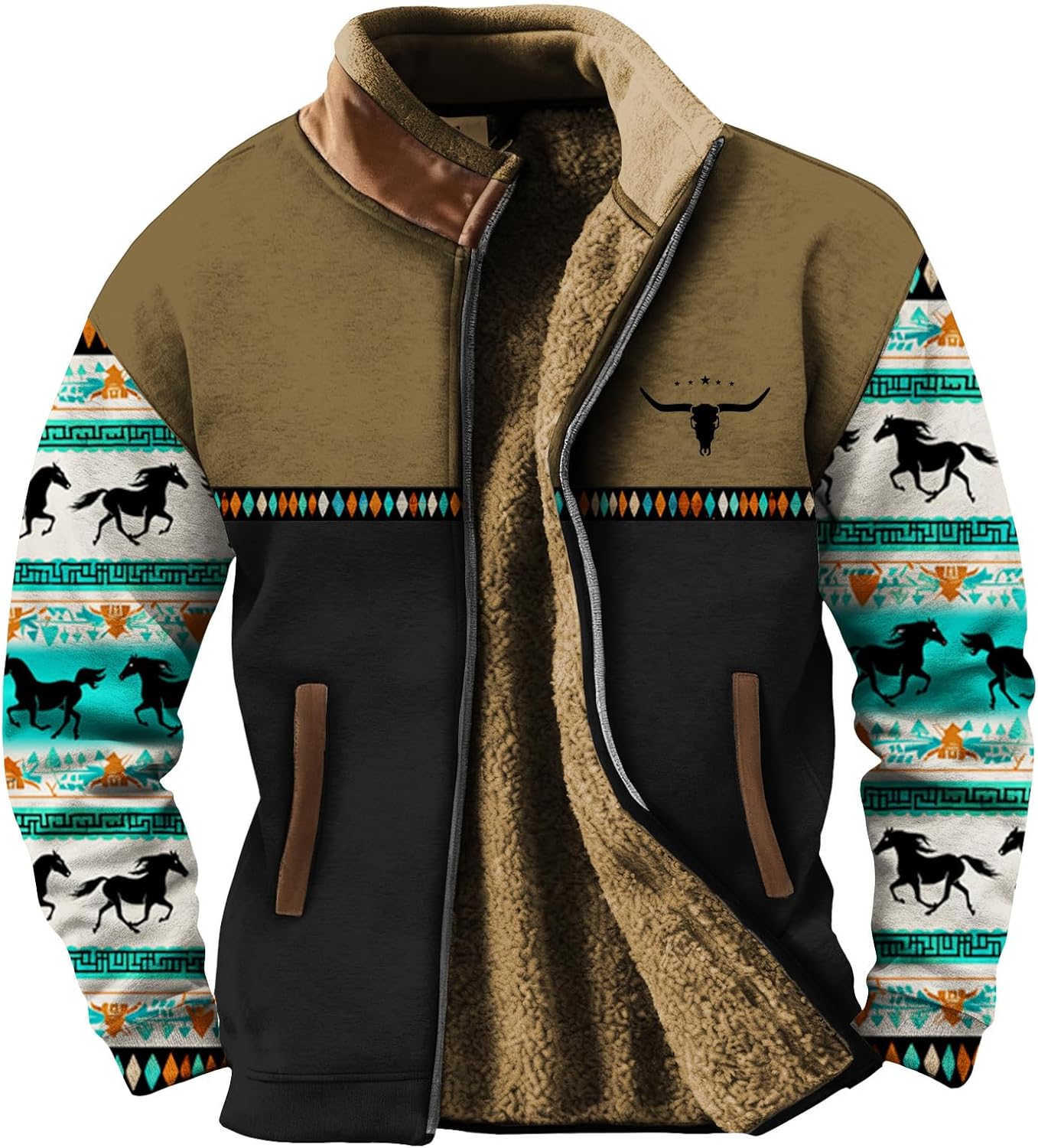 HOTYD Mens Fleece Lined Western Jackets Long Sleeve Stand Collar Retro Aztec Print Winter Warm Cowboy Jackets with Pockets