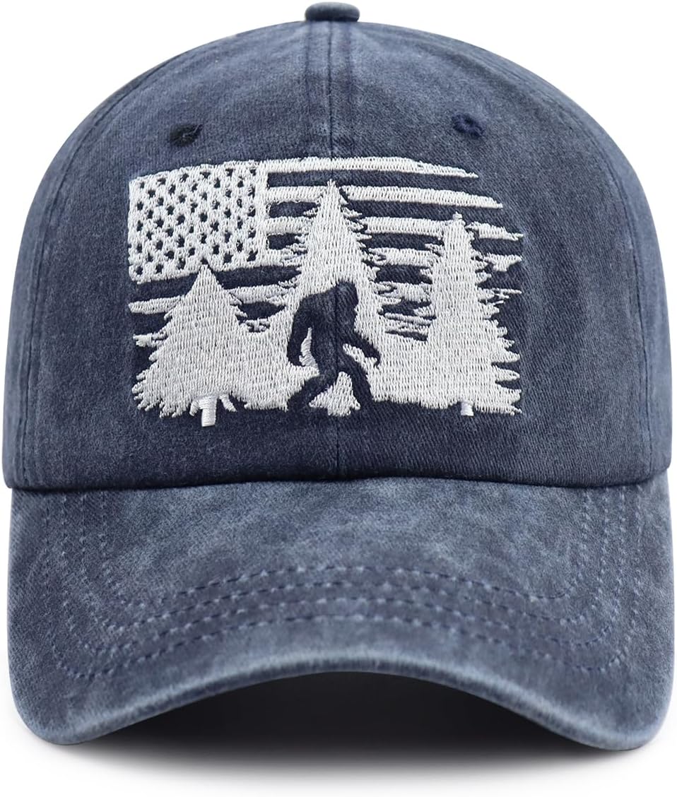 Bigfoot American Flag Hat for Men Women, Funny Adjustable Cotton Big Foot Sasquatch Patriotic Baseball Cap
