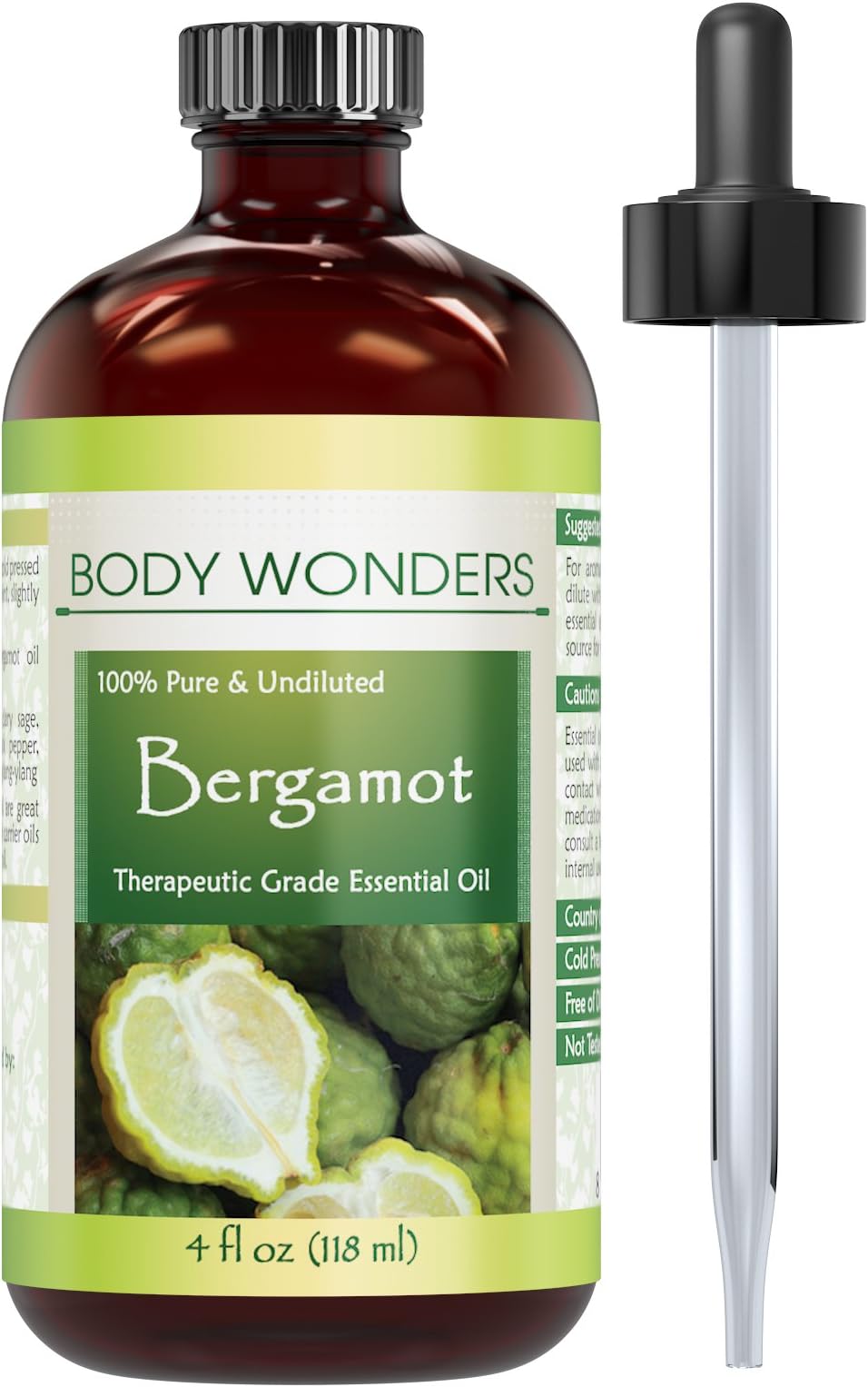Body Wonders Bergamot Essential Oil - 4 oz. Bottle - 100% Pure, Undiluted Therapeutic Grade Oils - Ideal for Aromatherapy Great Value!