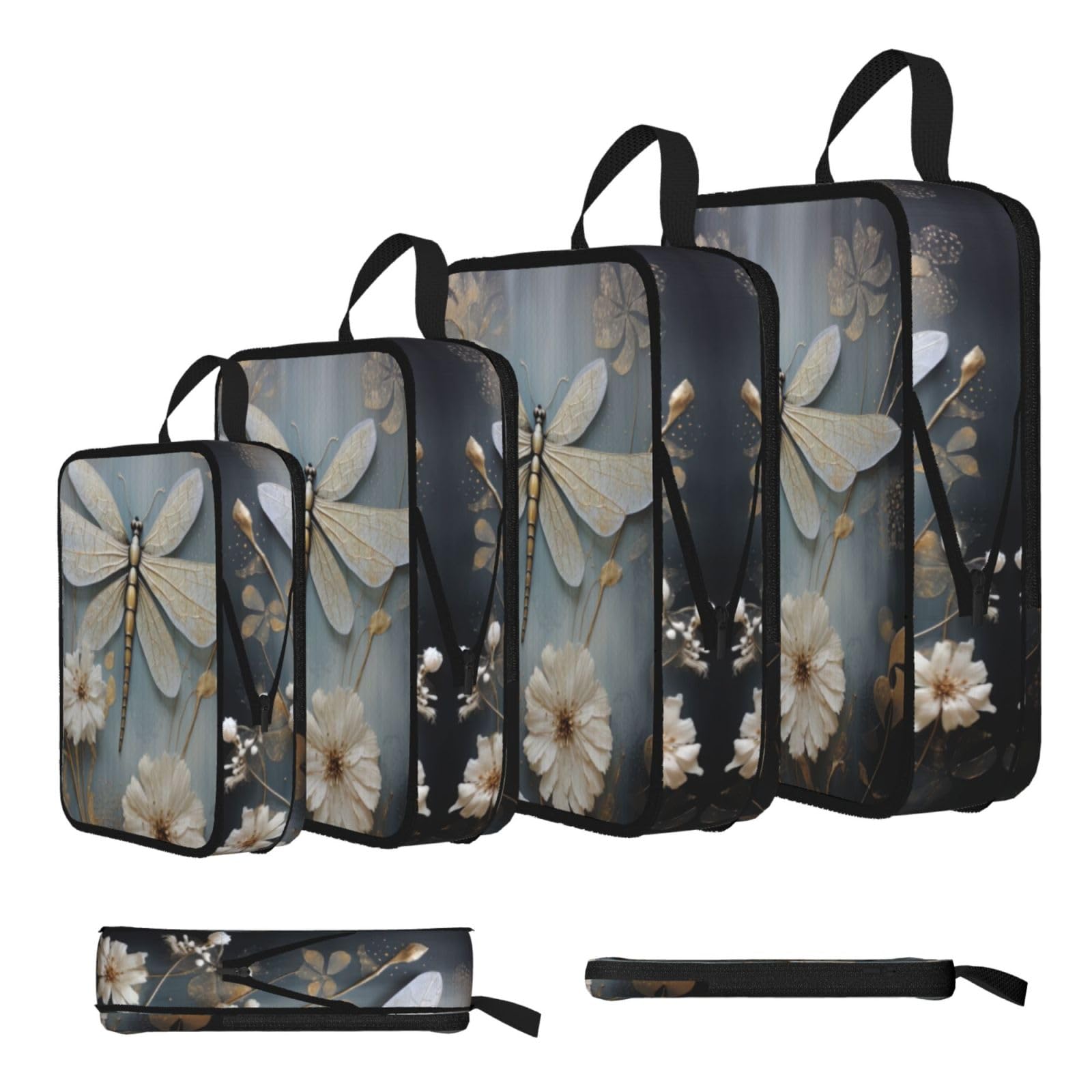 Sxzvvbn Black A White Dragonfly In Bloom Compression Packing Cubes 4 Piece Set