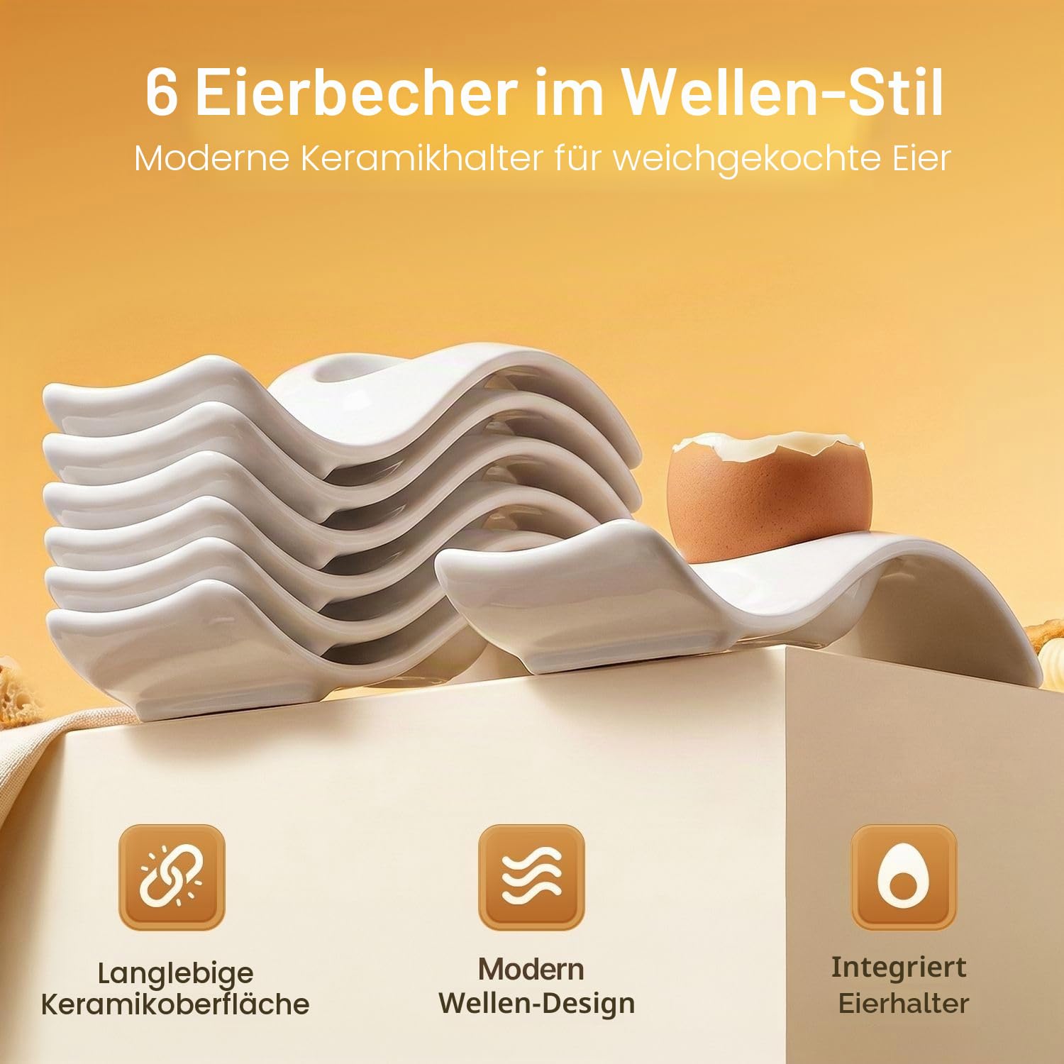 Flexzion Eierbecher für weichgekochte Eier – 6er-Set Keramik-Eierhalter – stapelbare Eierbecher mit Sockel zum Servieren, Frühstück & Brunch – Tischdeko, Wellen