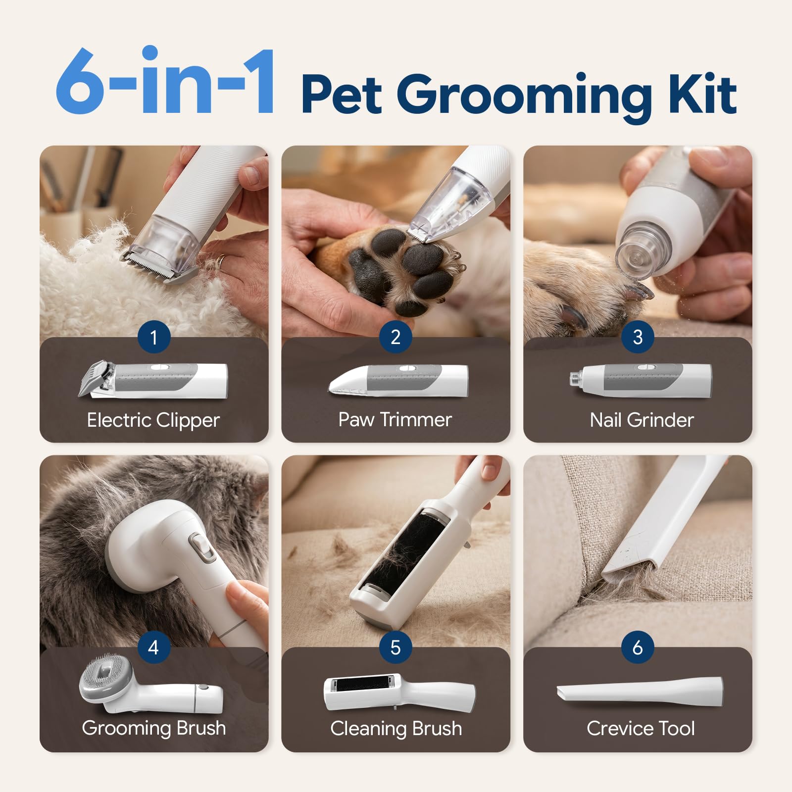 Kit de aseo para perros con aspiradora, 6 en 1 herramientas de aseo para mascotas para perros y gatos, 3 modos de succión, cepillo para polvo con cortaúñas, taza de polvo de 2 L para aseo