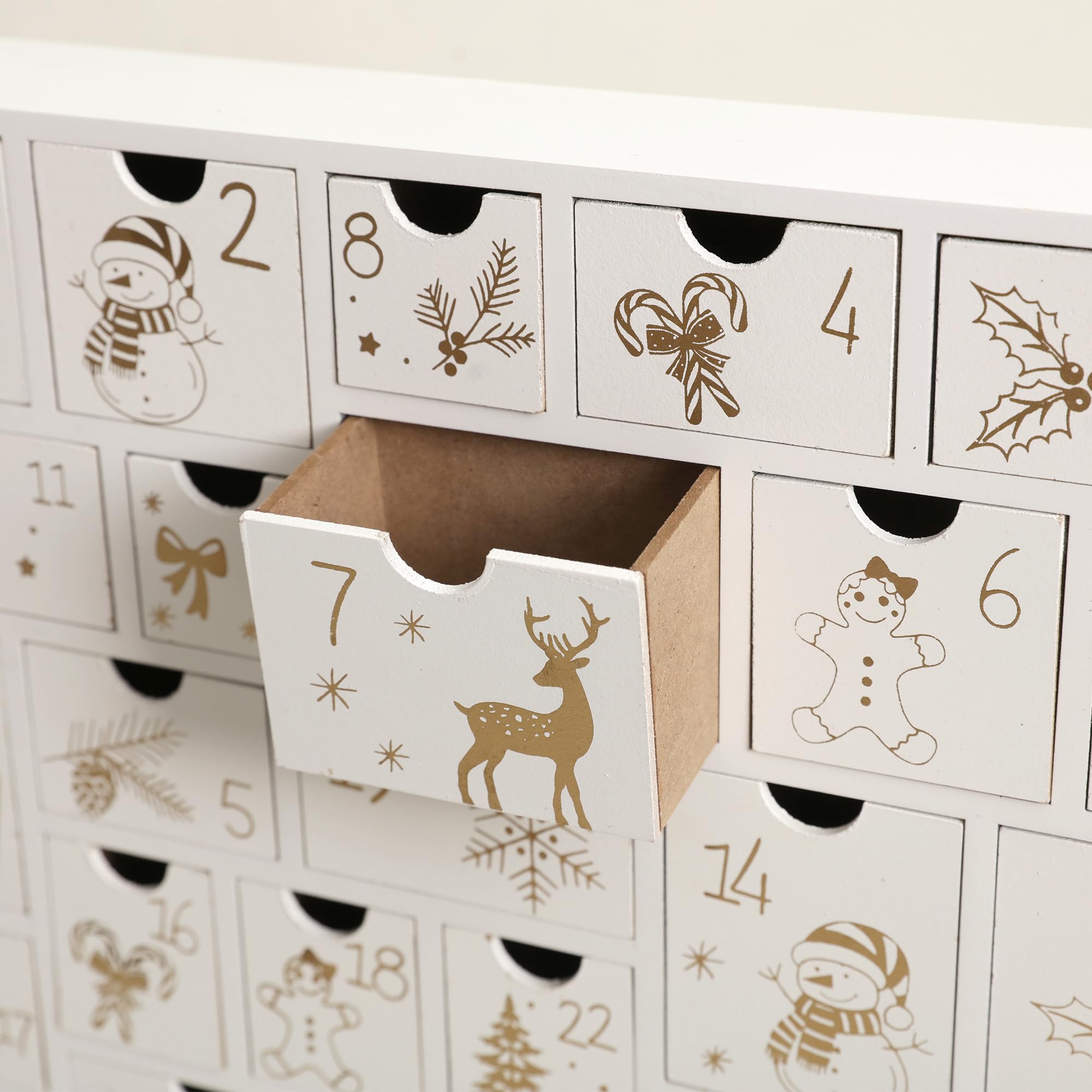 Weihnachts-Adventskalender aus Holz mit 25 großen Schubladen, Countdown bis Weihnachtsdekoration, große Größe, Xmas Countdown-Kalender 2024, handbemalt, nachfüllbar, Advent für