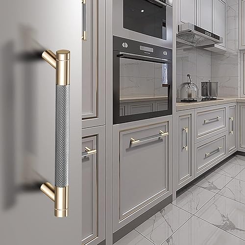 Miniatura 6 de Guoharda Paquete de 12 manijas moleteadas de gabinete de 3 pulgadas 2.992 in, tiradores de aluminio, acabado de oxidación dorado y gris, con patrón