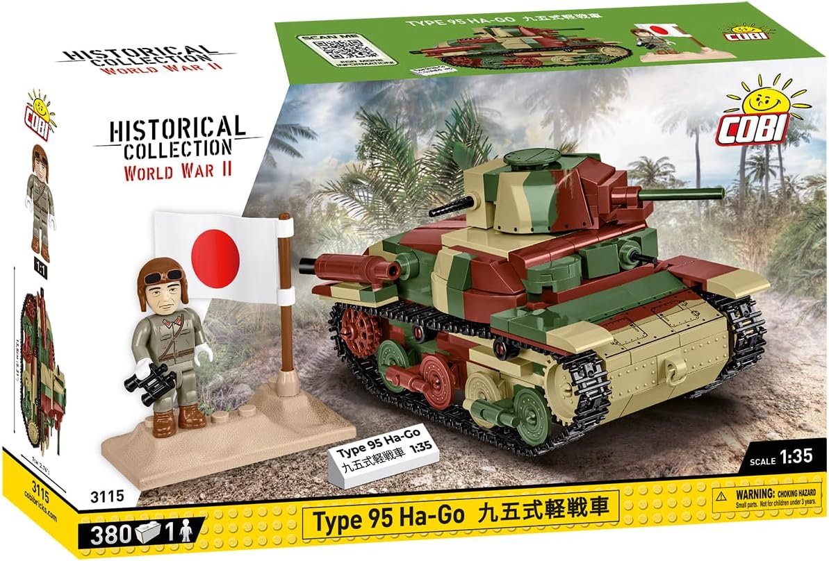 COBI Type 95 Ha-Go Tank Building Set box art showing the assembled tank, a figure, and a flag.