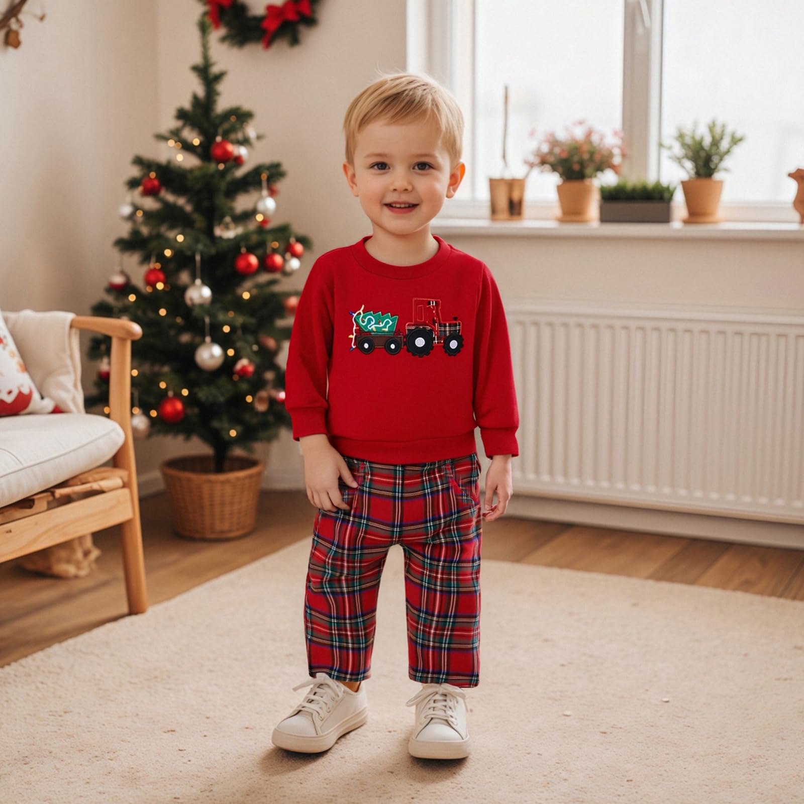 GXNRHG Kleinkind-Baby-Jungen-Valentinstag-Outfit, LKW-Herz-Aufdruck, langärmliges Sweatshirt mit Rundhalsausschnitt und Karierte Hose, süßes 2-teiliges Kleidungsset