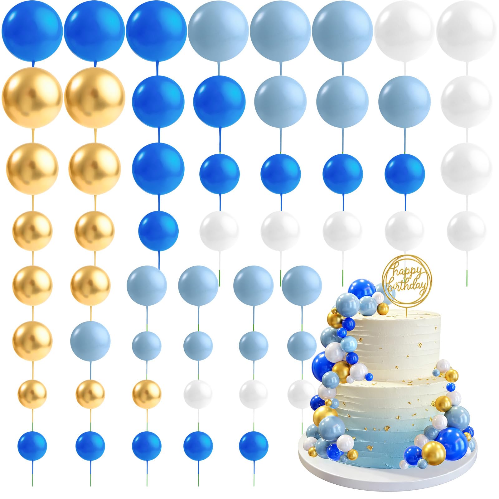 CHRORINE 55 Pcs Balls Cake Topper Decorations Mini Balloon Cupcake Toppers Foam Balls for Cake Decorating Birthday Parties Weddings Anniversary Baby Shower (Blue White Gold) — image 1