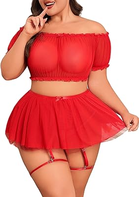 Avidlove Plus Size Garter Lingerie Set Mesh Ruffle Cosplay Lingerie with Mini Skirt 3 Piece Lingerie Set