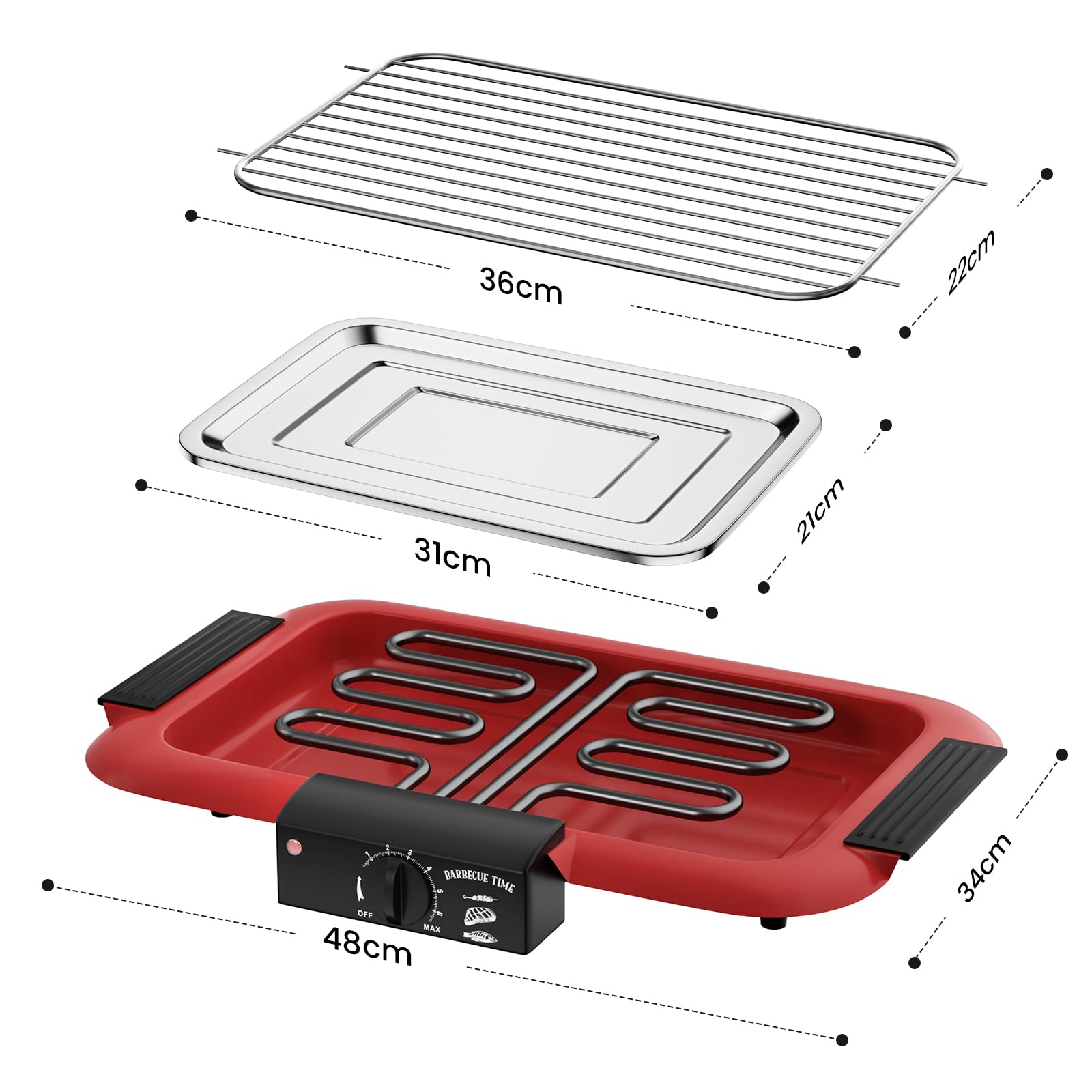 Barbecue électrique, barbecue intérieur/extérieur antiadhésif sans fumée, double tube 2000 W, portable, haute puissance, amovible, pour barbecue (rouge)