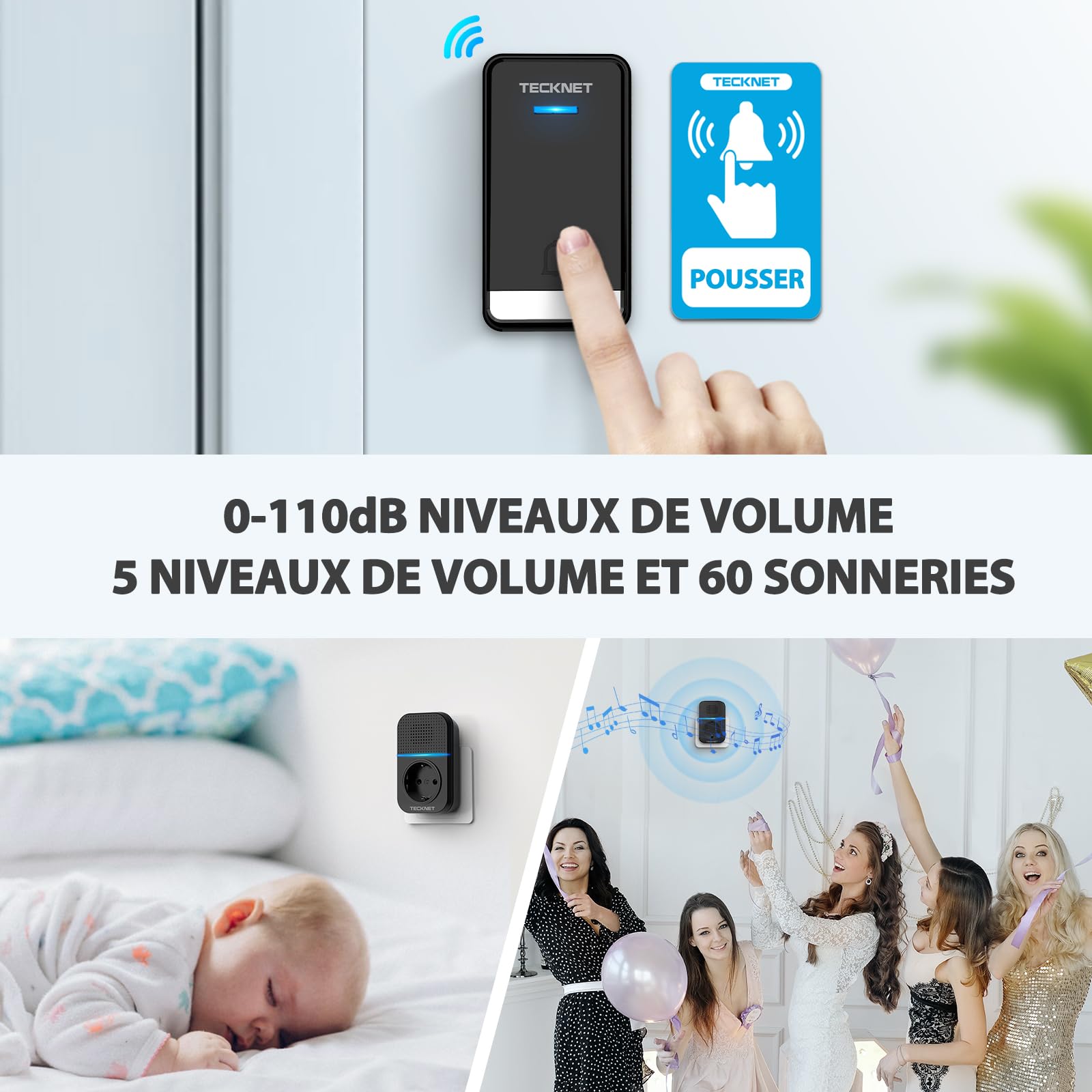 TECKNET Sonnette sans Fil 400M Sonnette Étanche IP65, Kit de 1 Carillon et 2 Récepteur Enfichables avec Fonction de Charge et lumière LED, 60 Mélodies 5 Niveaux Volumes, pour Maison, Bureau - Noir