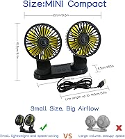 Vista 6 de Ventilador para coche, ventilador de doble cabezal ajustable de 360°, ventilador de refrigeración de auto eléctrico de 3 velocidades, ventiladores