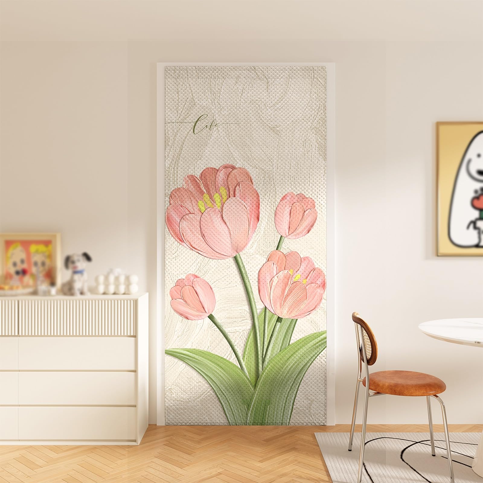 VFDVSWZSA door curtain, Soft and Comfortable Fabric, Punch-free, High Appearance, Suitable for Kitchen, Bedroom and Bathroom(Tulips,95 * 220cm/37.4 * 86.6in)