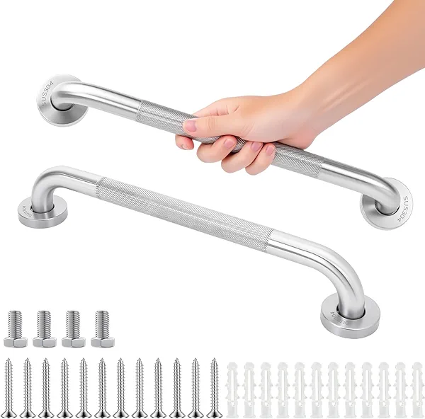 2-Pack, Shower Grab Bars & Bathtub Safety Handles - 304 Stainless Steel Textured Non-Slip Assist Rails for Anti-Fall Support in Tub, Shower, and Toilet Areas (Silver, 16 Inch)
