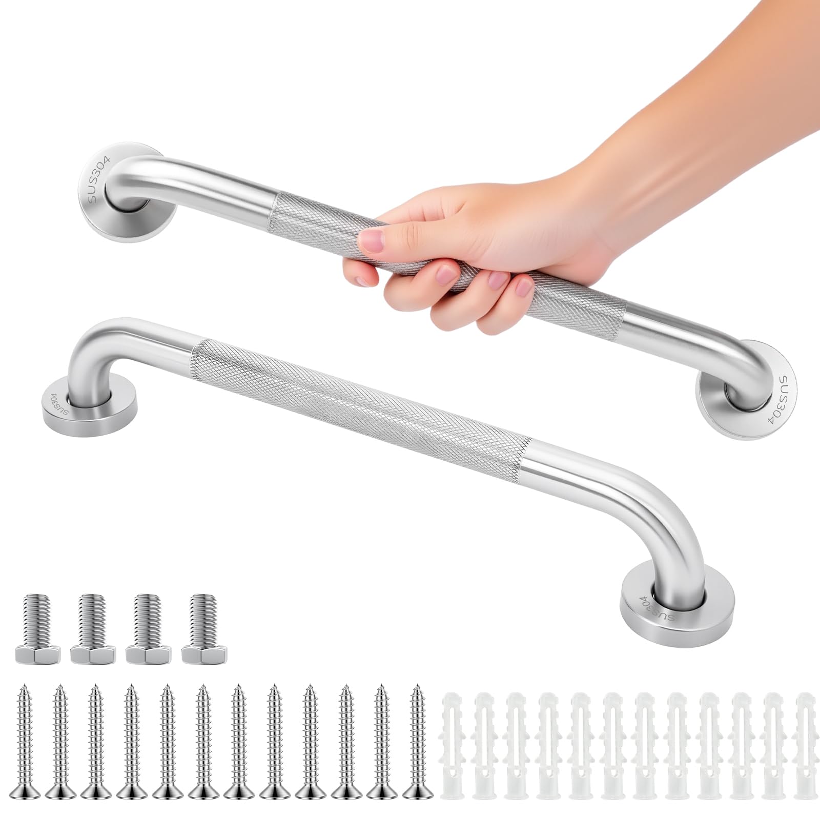 Paquete de 2 barras de agarre para ducha y asas de seguridad para bañera, rieles de asistencia antideslizantes con textura de acero inoxidable 304 para soporte anticaídas en bañera, ducha y áreas de
