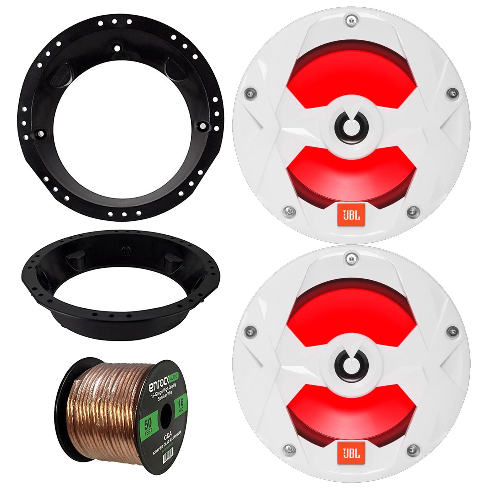 JBL 6.5" 2-Way 225W Peak Power Marine Audio Multi-Element White Speakers w/Multicolor RGB LED Lighting (Pair) with Mounting Rings for Select HD Motorcycles (1998-2013), 50 ft 16 Gauge Speaker Wire