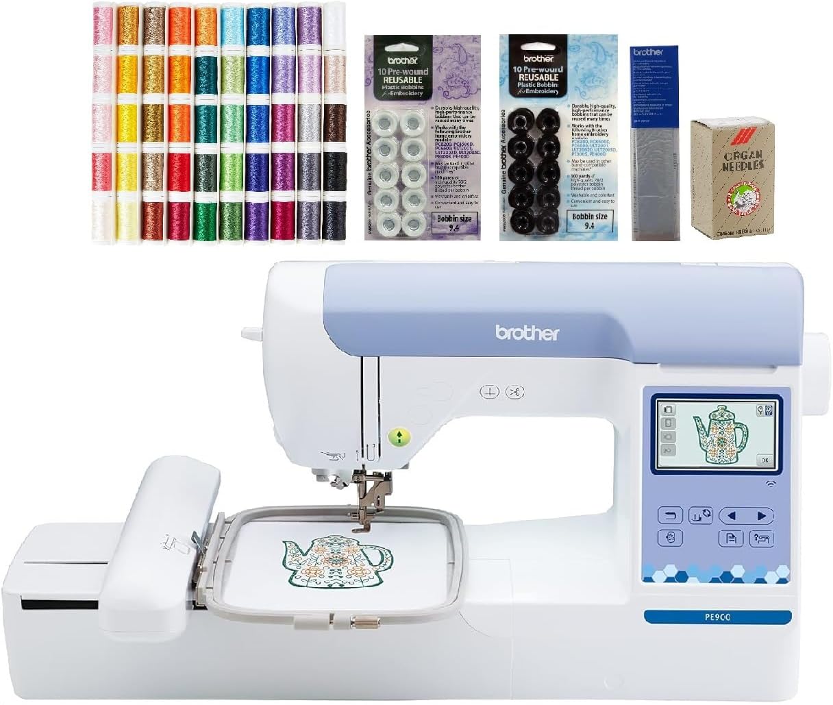 BrotherPE900 Embroidery Machine, 50-Piece Designio Thread Set, 20 Bobbins, 100-Piece 75/11 Embroidery Needles, Stabilizer Roll