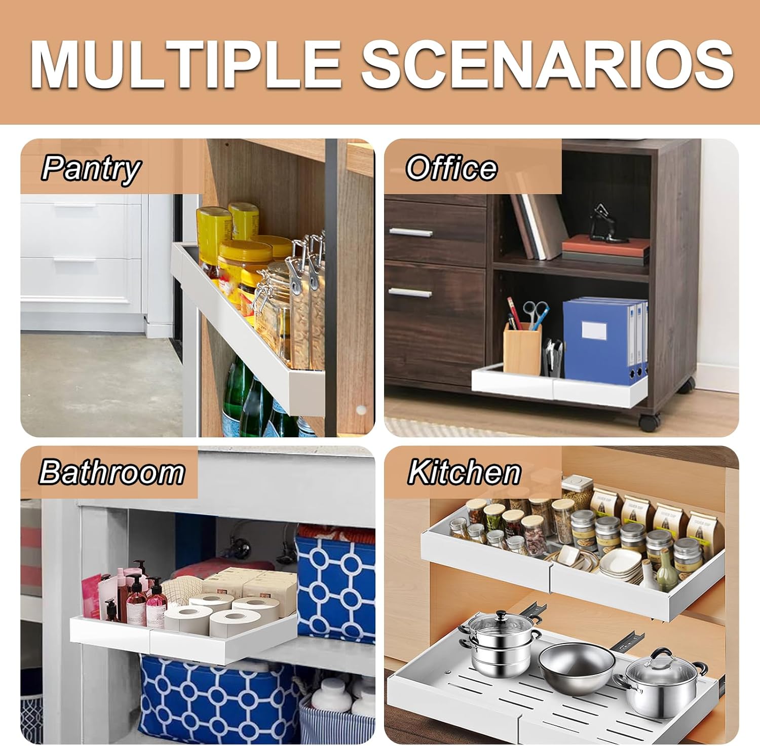No Drill Pull Out Drawers for Cabinets (12.6"-20.5"), Expandable Slide Out Drawers with Adhesive Nano Strip, Stick On Deep Pull Out Cabinet Organizer Storage Carbon Steel for Kitchen Pantry