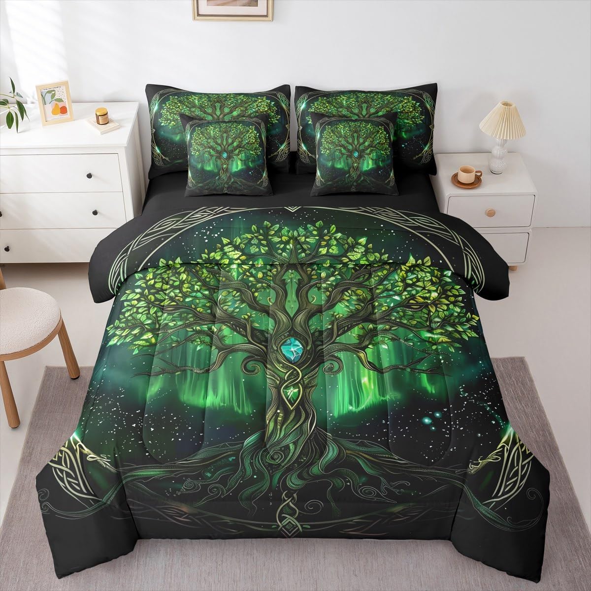 Manfei Tree of Life Full Size Comforter,Star Leaves Aurora Aesthetic Bedding Set 7 Piece,Magical Fantasy Mysterious Decor for Boys Girls,Green(Fitted+Sheet+2 Pillowcases+2 Throw Pillow Covers)