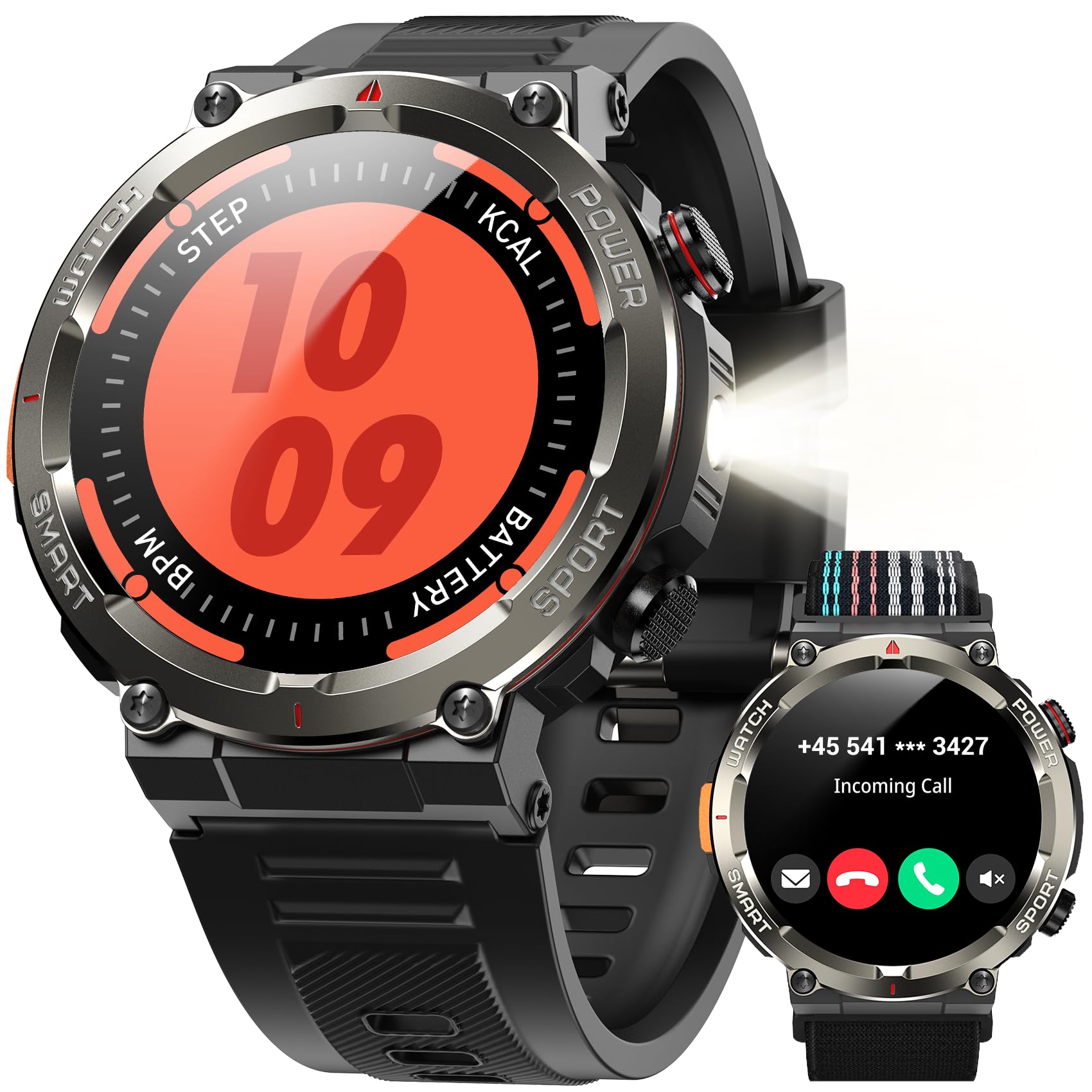 Yxtel Smartwatch Militare Uomo, Orologio Fitness con Chiamate Bluetooth, Schermo 1.45", Monitoraggio SpO2 e Frequenza Cardiaca 24/7, 100+ Modalità Sportive, IP68,Torcia e Bussola, per iPhone e Android