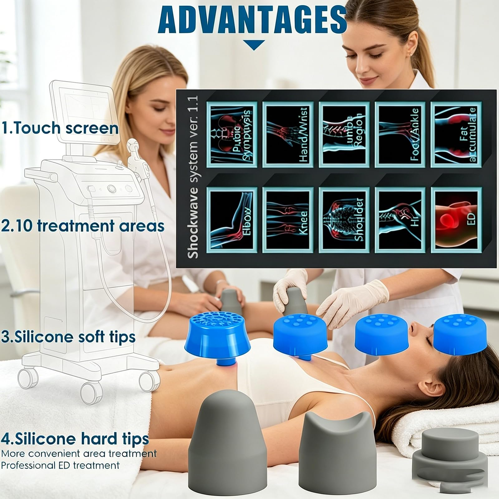 Dispositivo de terapia de onda de choque, instrumento de fisioterapia con 7 cabezas de masaje, 10 funciones y energía ajustable de 60 a 200 mJ, para masaje muscular profundo