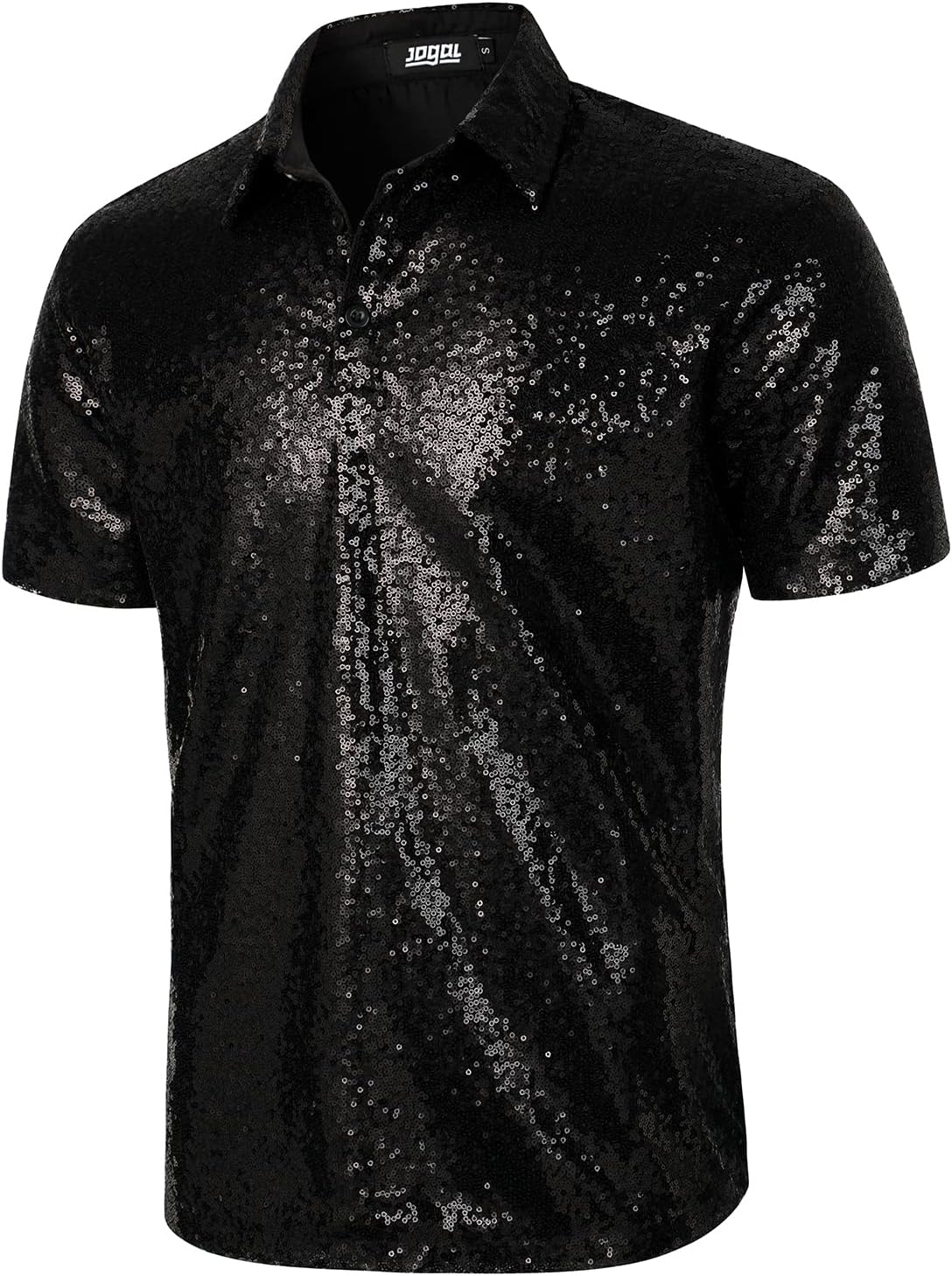 JOGALMen's 70s Sequin Shirt Short Sleeve Disco Party Tops Nightclub Glitter Polo Shirts