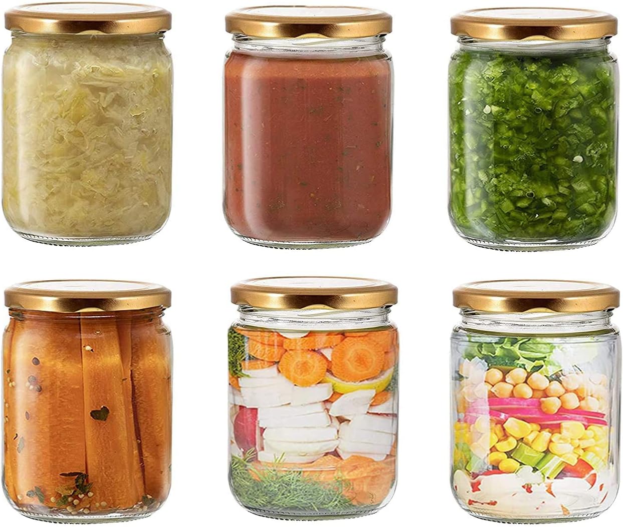 500 ml Salsa Round Glass Jars with Airtight Gold Lid, 6 Piece Spice Set (Glass) - 500 ml Glass Grocery Container (Pack of 6, Clear)