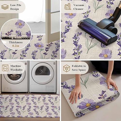 Miniatura 7 de Alfombra de área de 5 x 8 pies para sala de estar, alfombra de dormitorio floral lavanda, alfombra lavable antideslizante, alfombra de verano con