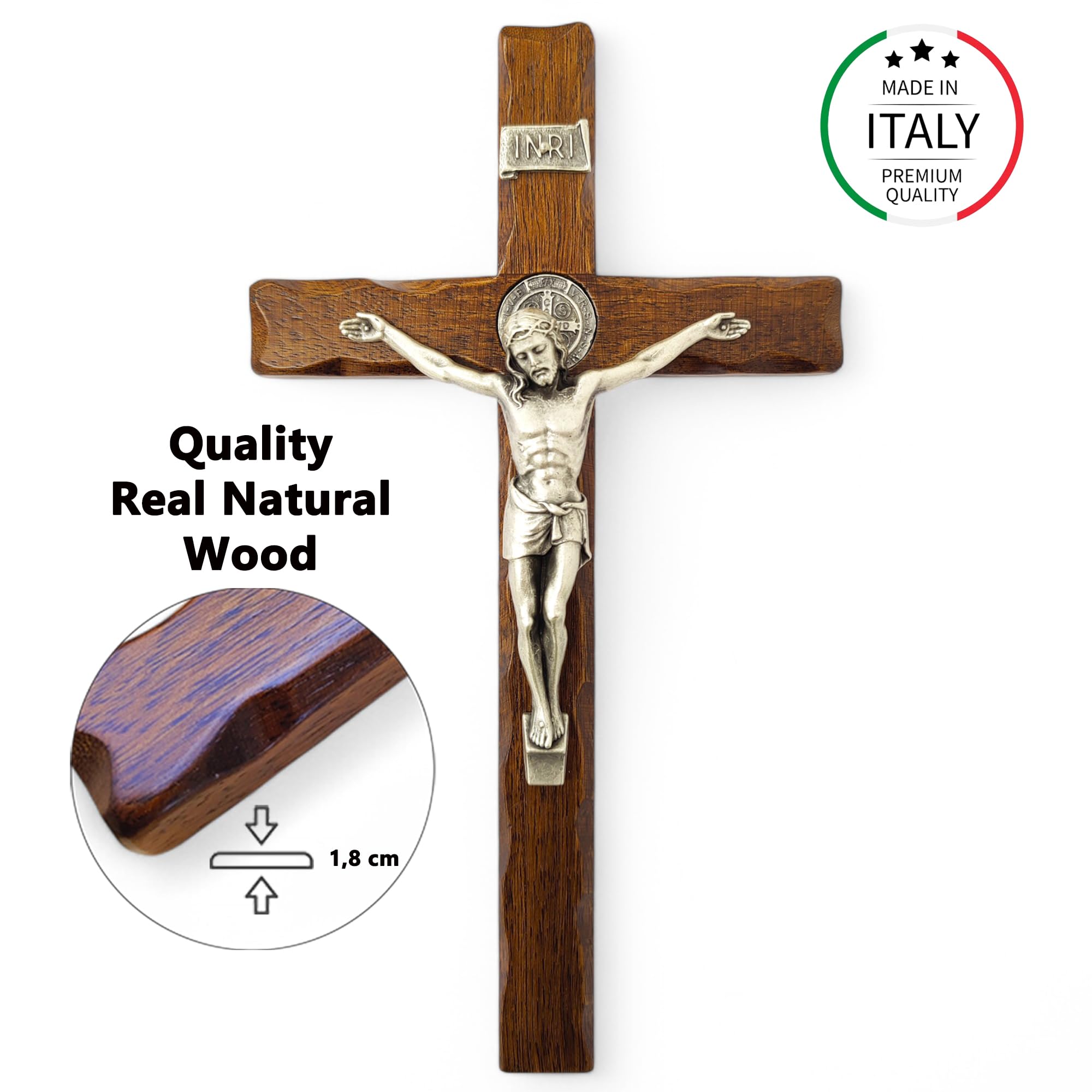 La Balestra - Crocifisso da parete di San Benedetto in legno naturale, Cristo placcato argento 999, prodotto in Umbria in Italia (35,5 x 16,5 x 3,5 cm)