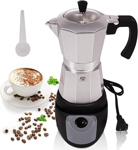 Miniatura 1 de Olla eléctrica de aluminio para moka de 5 a 6 tazas, 9.1 fl oz, cafetera expresa, portátil, cafetera italiana, clásica, greca, café, moca, con base