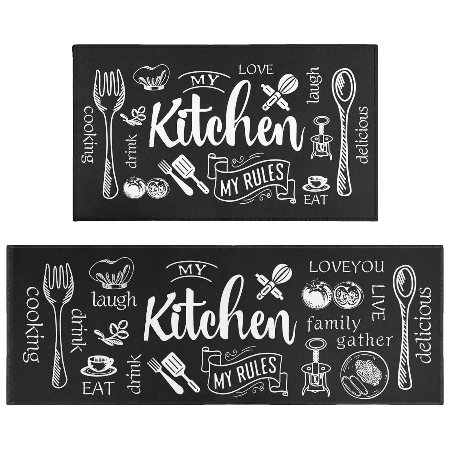 Twyt decor Black Kitchen Rugs and Mats Set of 2, Kitchen Utensil Non-Slip Washable Mat, Black Farmhouse Kitchen Decor Anti-Fatigue Rug for Kitchen