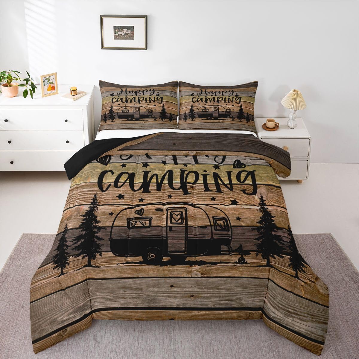 Camper Decor Comforter Set, Happy Camping Queen Bedding Set For For Travel Trailers, Brown Rustic Barn Door Bedding Comforter Sets Country Farmhouse Barn Door Bedding Comforters For Teens Adult Women