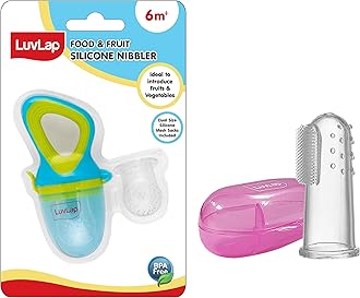 LuvLap Silicone Food/Fruit Nibbler with Extra Mesh, Soft Pacifier/Feeder, Teether for Infant Baby, Infant, Elegant Blue & Baby Silicone Finger Toothbrush with case