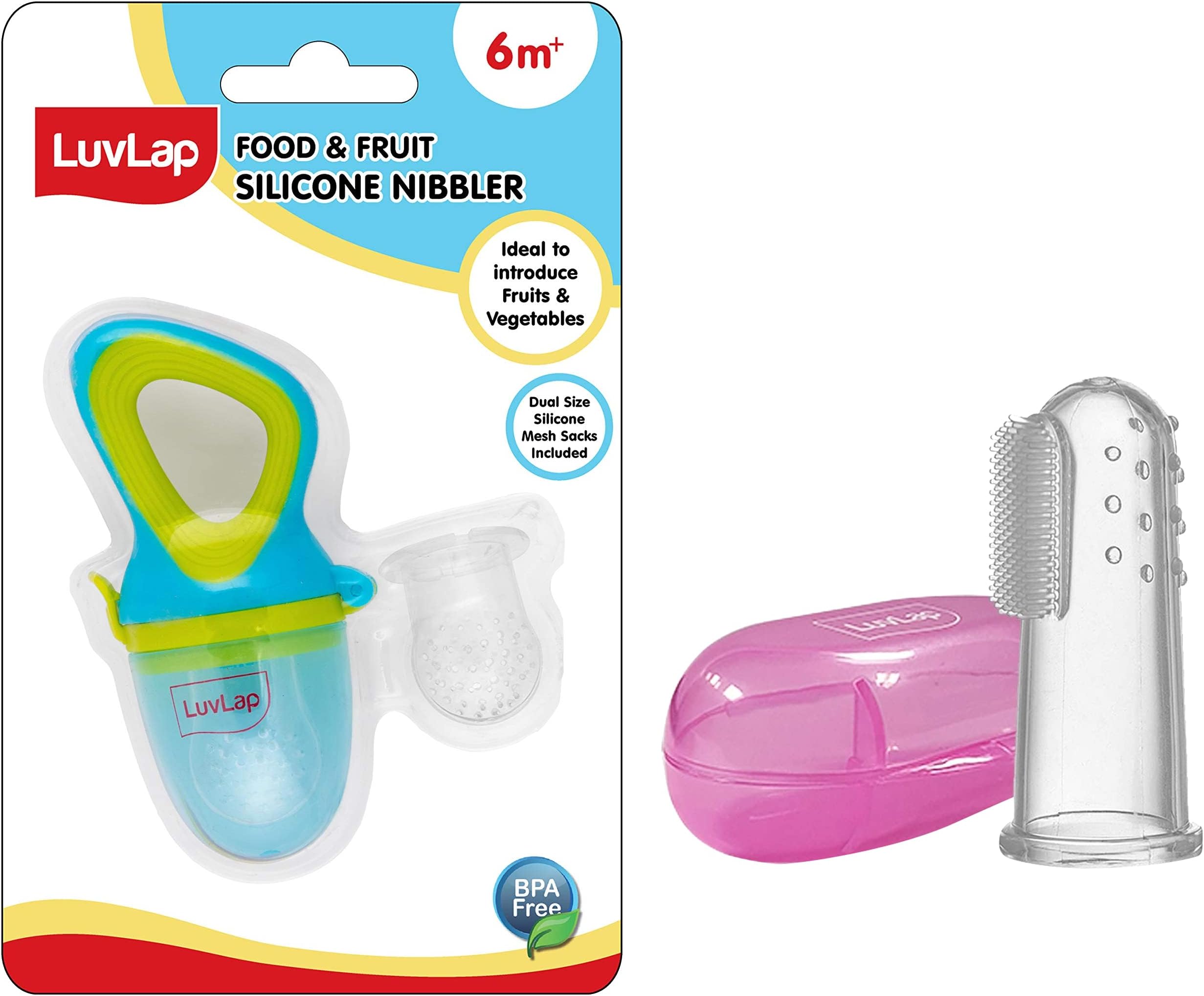 LuvLap Silicone Food/Fruit Nibbler with Extra Mesh, Soft Pacifier/Feeder, Teether for Infant Baby, Infant, Elegant Blue & Baby Silicone Finger Toothbrush with case