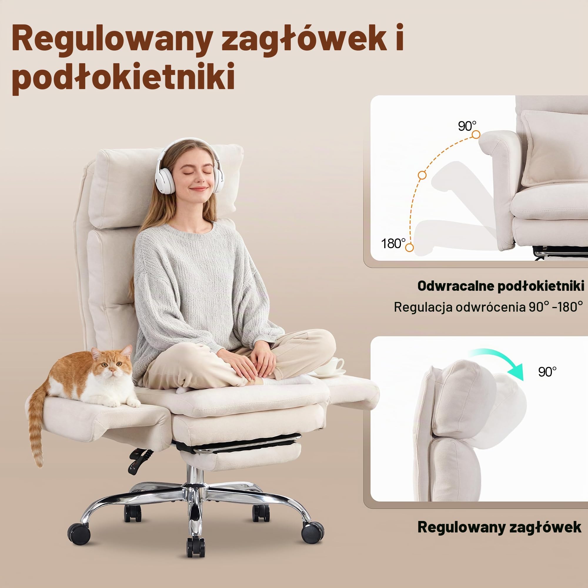 UEV Ergonomiczne krzesło biurowe z podnóżkiem do 226 kg, krzesło obrotowe, beżowe