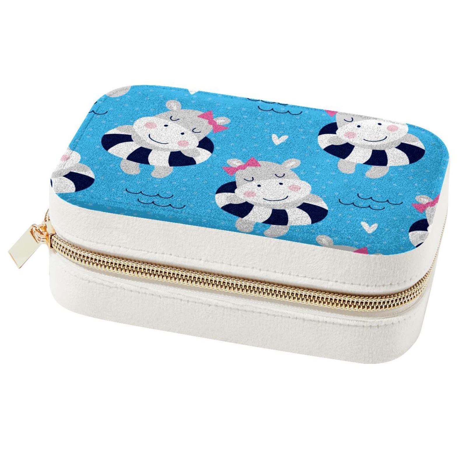 Boîte à bijoux de voyage Hippo bleue en simili cuir portable pour bagues et colliers